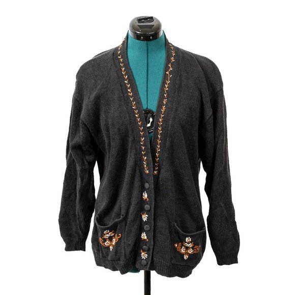 Vintage Urban Outfitters Linen/Cotton Cardigan Sweater Black Brown Floral Embroi - Picture 1 of 3